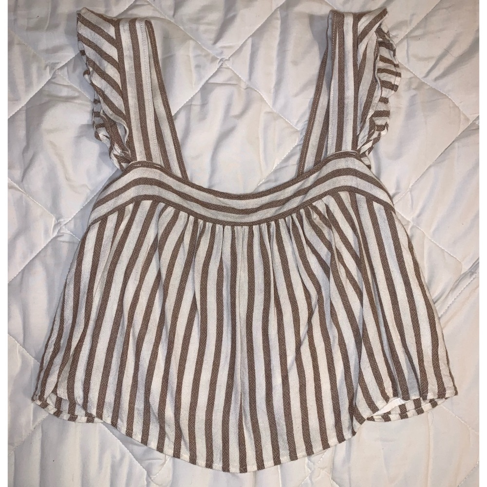 Abercrombie & Fitch Cream and Brown Striped Ruffle Tank Top